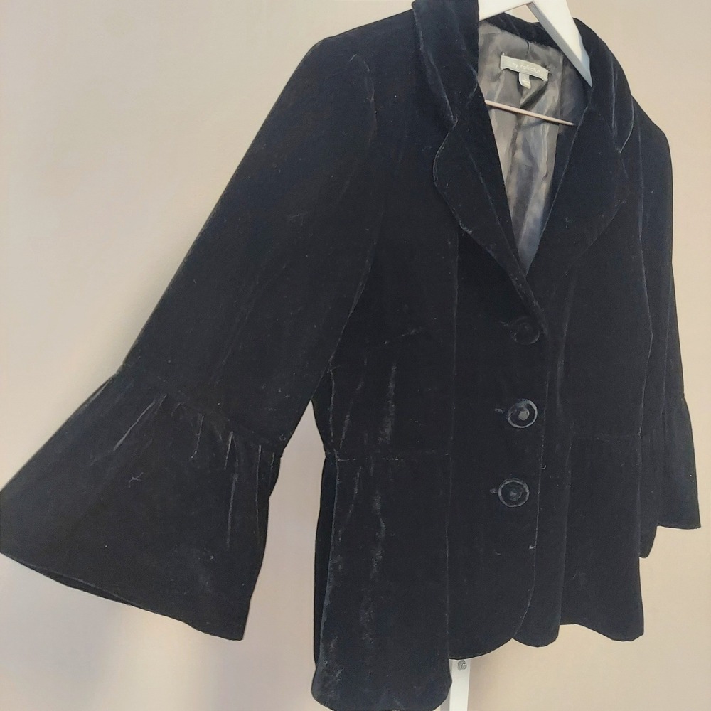 NY Collection Black Velvet Blazer Bell Sleeve Button Peplum Jacket L Whimsigoth